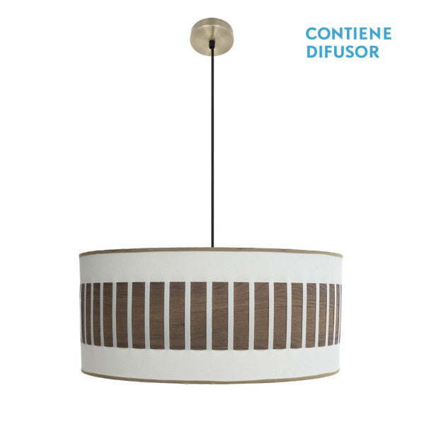 Lámpara colgante Ivanna de Abrila, modelo 3xE27 en acabado cuero blanco y madera oscura, diseño rústico vintage de 60 cm para interiores modernos, ideal para decoración doméstica con toques metálicos y textil.