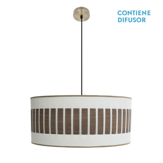 Lámpara colgante Ivanna de Abrila, modelo 3xE27 en acabado cuero blanco y madera oscura, diseño rústico vintage de 60 cm para interiores modernos, ideal para decoración doméstica con toques metálicos y textil.