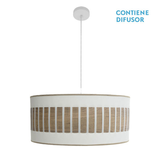 Lámpara colgante Ivanna de Abrila en blanco y madera clara, diseño rústico vintage de 60cm con 3 casquillos E27, ideal para decoración moderna e iluminación interior en metal y textil, referencia 188496085.