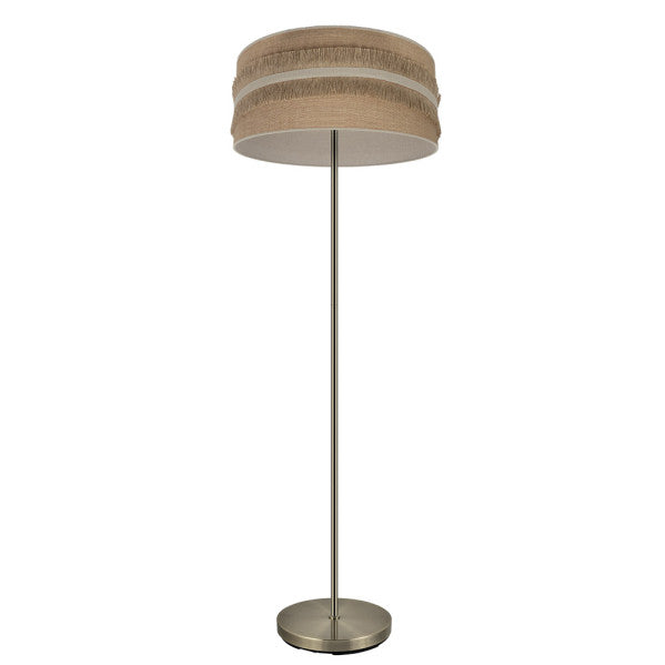 Lámpara de pie Natalia para salón en cuero y beige de Abrila, diseño rústico vintage con base de metal y pantalla textil, ideal para decoración de interior en dormitorio o sala de estar, modelo 188541015.