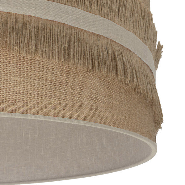 Lámpara de sobremesa Natalia en cuero y saco beige de Abrila, diseño rústico vintage de 43x17x17 cm, ideal para decoración interior doméstica con luz difusa y metal textil.