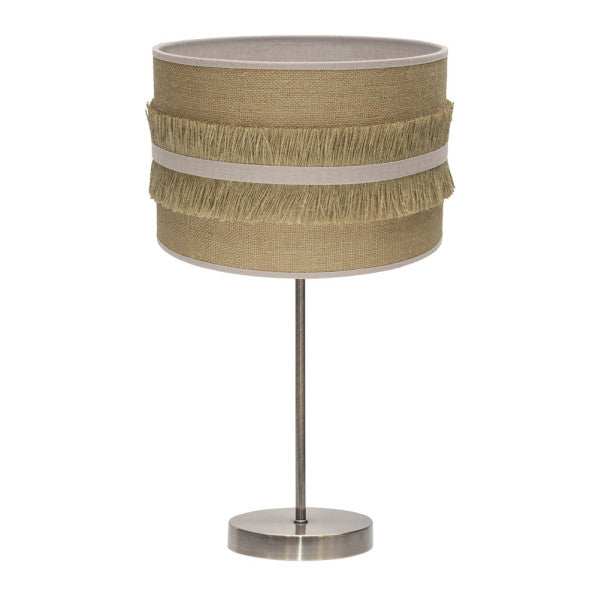 Lámpara sobremesa Natalia grande en cuero beige de Abrila, diseño rústico y vintage con base de metal y pantalla textil para decoración interior doméstica, modelo 188571115.