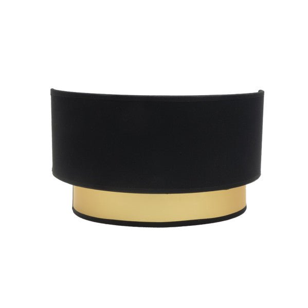 Aplique de pared Anuska moderno en negro y oro, modelo Abrila con bombilla E27, dimensiones 17x30x16 cm, ideal para iluminación interior y decoración doméstica en metal y textil.