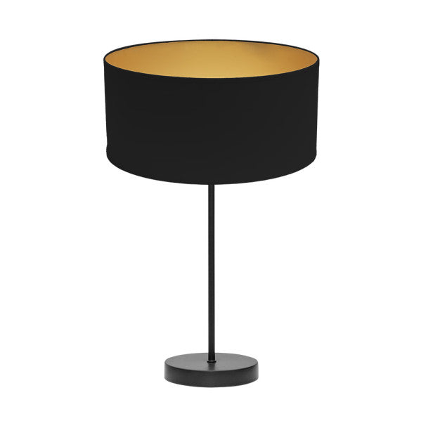 Lámpara sobremesa Anuska de Abrila en negro y oro, diseño moderno de 62 cm con base metálica textil, iluminación elegante y luz difusa para decoración interior y uso doméstico.