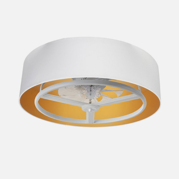 `alt=Ventilador de techo Anuska DC Blanco/Oro Abrila 60W, 6 velocidades, motor DC, LED integrado, remoto con temporizador, ideal para interiores domésticos`
