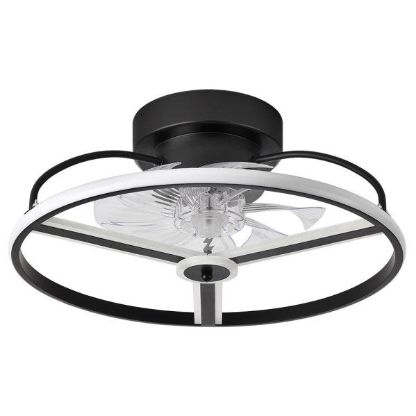 `alt=Ventilador de techo Anuska negro y oro, modelo Abrila, con luz LED regulable, mando a distancia y motor DC, ideal para interiores,`