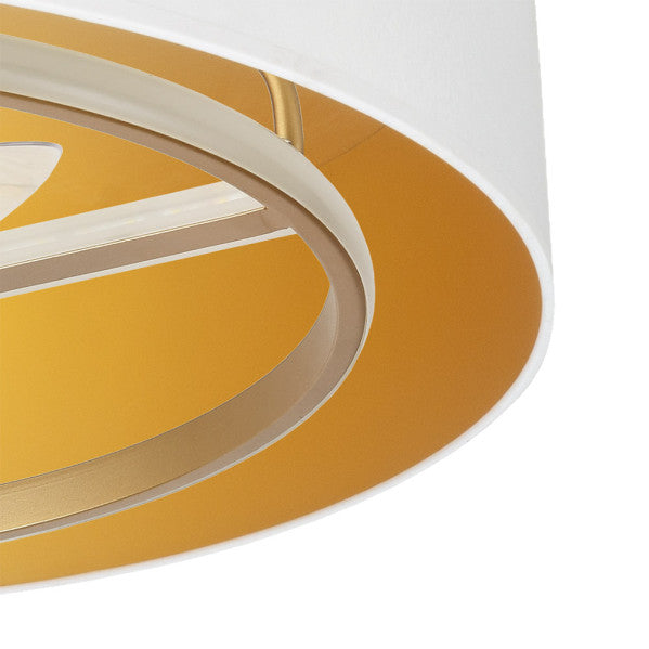 Ventilador techo LED Anuska 60W Blanco/Oro Abrila que integra iluminación regulable para uso interior doméstico. Compatible con mando a distancia y motor DC adecuado para ventilación tanto en verano como en invierno. Diseño moderno en blanco y oro con tecnología LED integrada.