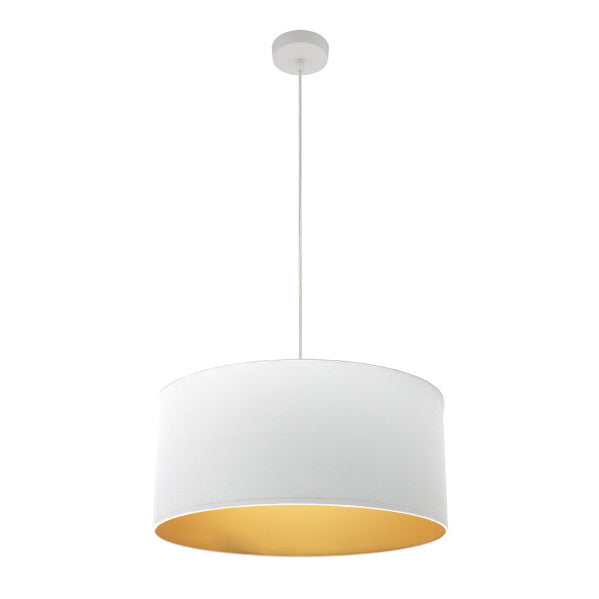 Colgante Anuska Blanco/Oro de 50 cm con bombilla E27, lámpara moderna de metal y textil para iluminación interior y decoración doméstica de Abrila.