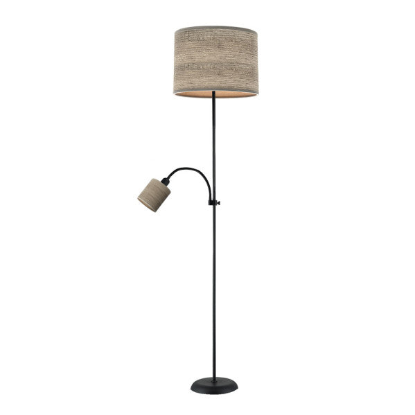 Pie de salón Armonia de Abrila con lector regulable en negro y madera gris, diseño moderno y rústico para iluminación interior y decoración del hogar.