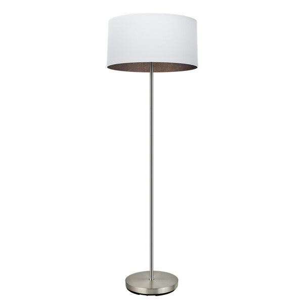 Lámpara de pie Tatiana en níquel y blanco-óxido de Abrila (código 189141017), diseño moderno para salón con luz difusa, estructura de metal y textil, ideal para iluminación doméstica y decoración interior contemporánea.