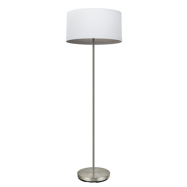 Pie de salón Tatiana moderno en níquel y blanco con base de madera gris, modelo 162 cm de Abrila, ideal para iluminación interior y decoración del hogar con toques de metal y textil (código 189141083).