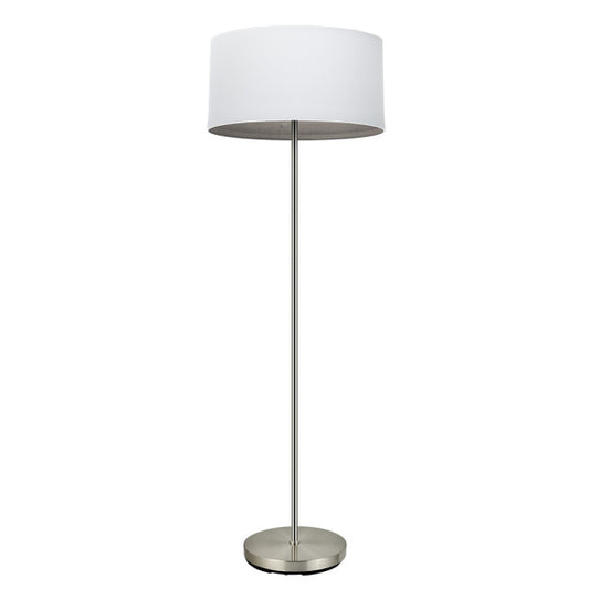 Pie de salón Tatiana moderno en níquel y blanco con base de madera gris, modelo 162 cm de Abrila, ideal para iluminación interior y decoración del hogar con toques de metal y textil (código 189141083).
