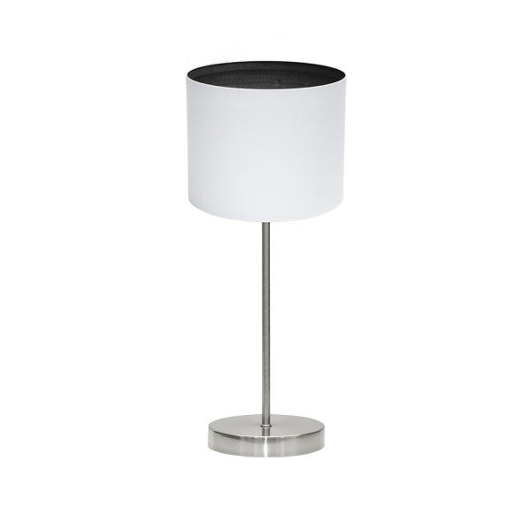 Lámpara de sobremesa Tatiana en níquel con base blanca y madera negra, diseño moderno de Abrila para iluminación doméstica y decoración interior con luz difusa, estilo contemporáneo en metal y textil.