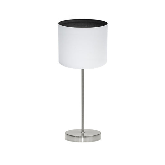 Lámpara de sobremesa Tatiana en níquel con base blanca y madera negra, diseño moderno de Abrila para iluminación doméstica y decoración interior con luz difusa, estilo contemporáneo en metal y textil.