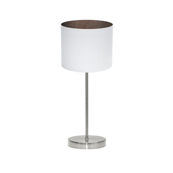 Lámpara sobremesa Tatiana de Abrila en níquel con base blanco-óxido, diseño moderno vintage de metal y textil para decoración interior doméstica, modelo 189171017.