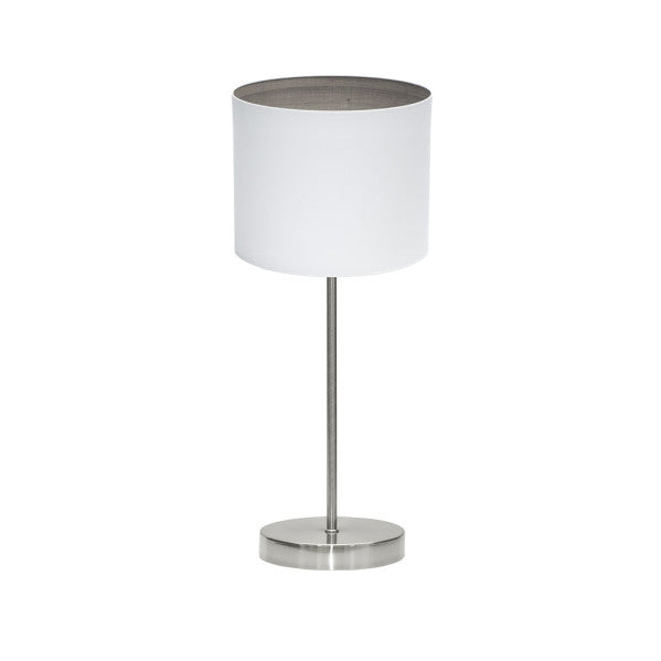 Lámpara sobremesa Tatiana en níquel, blanco y madera gris de Abrila (189171083), diseño moderno para iluminación doméstica con luz difusa, ideal para decoración interior en metal y textil.