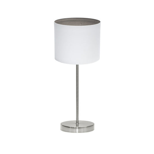 Lámpara sobremesa Tatiana en níquel, blanco y madera gris de Abrila (189171083), diseño moderno para iluminación doméstica con luz difusa, ideal para decoración interior en metal y textil.