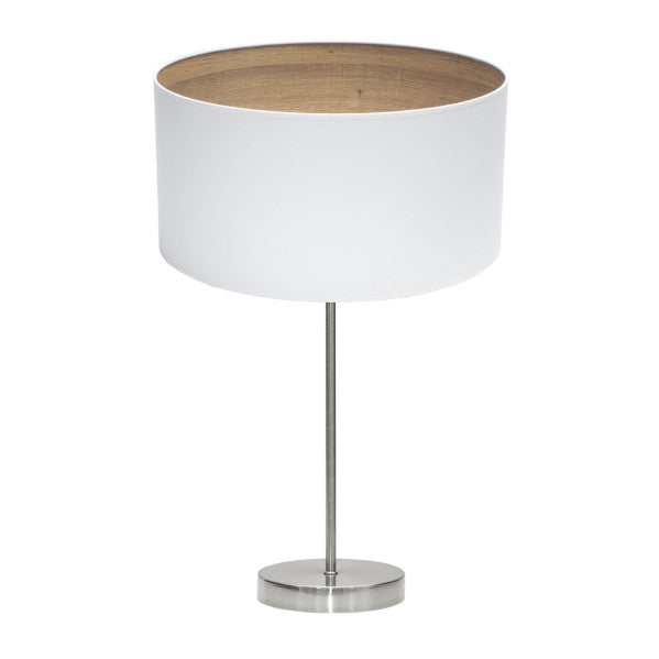 Lámpara de sobremesa Tatiana moderna en níquel y blanco con madera clara, altura 63 cm, diseño Abrila para iluminación interior y decoración del hogar, estilo contemporáneo con base metálica y pantalla textil.