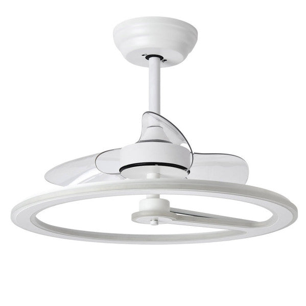 `alt=Ventilador de techo Tatiana 110W Blanco/Madera Negra de Abrila modelo 189191309 con 3 aspas, motor DC, LED integrado, iluminación regulable y temporizador para interiores domésticos`