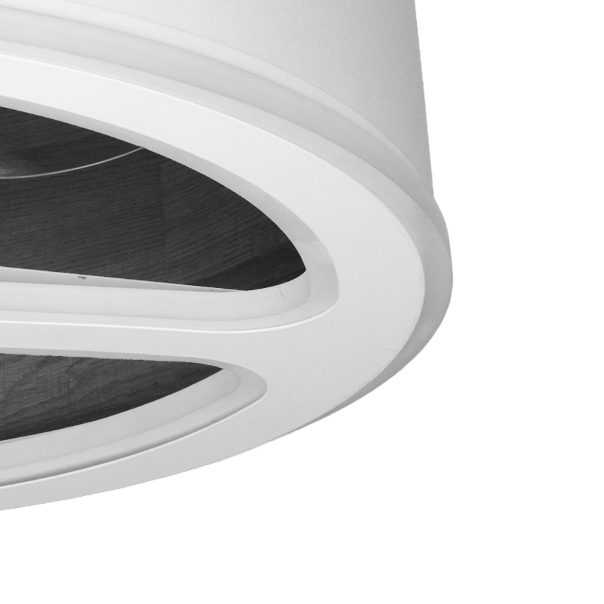 Ventilador de techo Tatyana en color blanco con detalles en madera negra, iluminación LED integrable y temporizador, de la marca Abrila, modelo 189191.  Ventilador de techo de 3 aspas cerámicas en diseño moderno. Iluminación led regulable para ambientes interiores. Con motor DC, bajo consumo de solo 110W. Incluye temporizador.