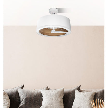 Ventilador de techo Tatiana en blanco y madera oscura de 110W, con iluminación LED regulable, control remoto y motor DC para interiores domésticos. Ideally of a static image where we see the all six blades glowing and the white upper cover with an incorporated button with 3 smaller buttons. The lighting must be bright and show the blades and wooden color reading the tone. The whole scene must be well illuminated and the stage and the background something neutral.

This is a modern, dual-purpose Abrilia Tati