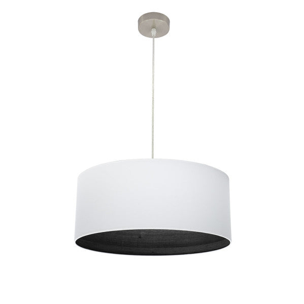 Colgante Tatiana en níquel con blanco y madera negra de 50 cm, lámpara moderna Abrila con luz difusa para decoración interior y uso doméstico, diseño contemporáneo en metal y textil.