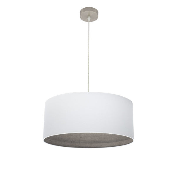 Lámpara colgante Tatiana de Abrila en níquel y blanco gris, diseño moderno de 50 cm con luz difusa, ideal para iluminación doméstica y decoración interior en estilo textil y metal.