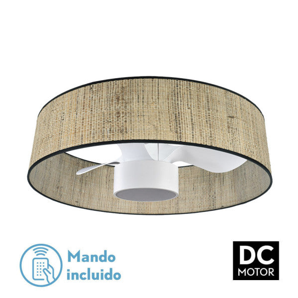 Ventilador de techo Natasha de 70 cm color Cañizo/Blanco de la serie Abrila. Diseño elegante para interiores con luz LED integrada, ideal para cualquier estación del año. Motor DC eficiente y silencioso, iluminación ajustable y ventilación versátil.
