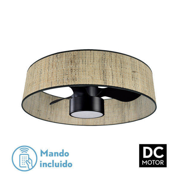 Alt Text: Ventilador de techo Natasha Cañizo/Negro 24W, diseño moderno en metal y cañizo, iluminación LED, motor DC para alto rendimiento, marca Abrila, ideal para el hogar, artículo 189991709.