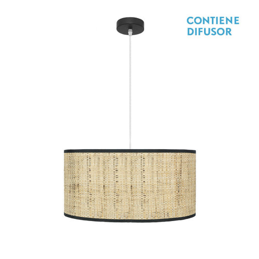 Lámpara colgante Natasha rectangular de 50x50 cm en negro y cañizo natural, modelo Abrila con 2 casquillos E27, diseño rústico de metal para iluminación interior del hogar y decoración doméstica.