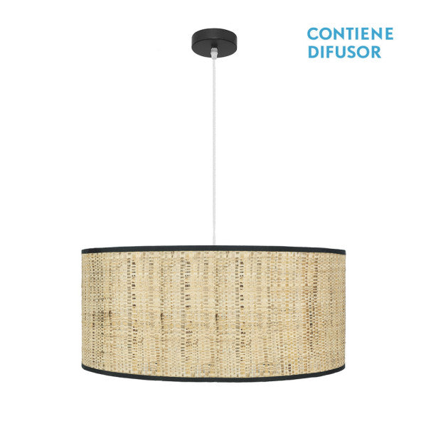 Colgante Natasha de Abrila en negro y cañizo, diseño rústico 60x60 cm con 3 casquillos E27 para luz difusa interior, ideal para decoración doméstica moderna.