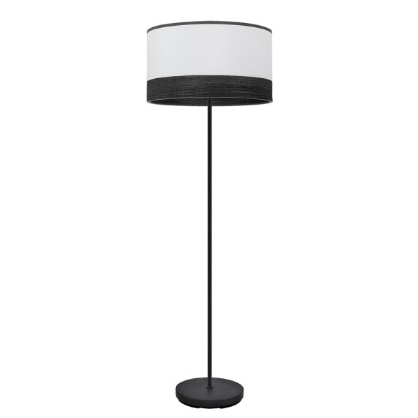 Lámpara de pie salón Olga en negro y blanco con base de madera negra, modelo Abrila 190041009, dimensiones 162x40x40 cm, diseño moderno de metal y textil para iluminación doméstica e interiores.