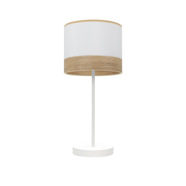 Lámpara sobremesa Olga de Abrila en blanco y madera clara, diseño minimalista y moderno con base de metal y pantalla textil para iluminación interior doméstica, referencia 190071001.