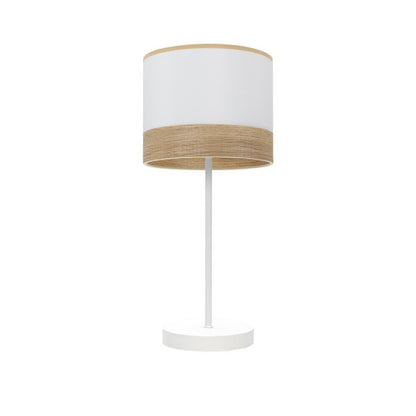Lámpara sobremesa Olga de Abrila en blanco y madera clara, diseño minimalista y moderno con base de metal y pantalla textil para iluminación interior doméstica, referencia 190071001.