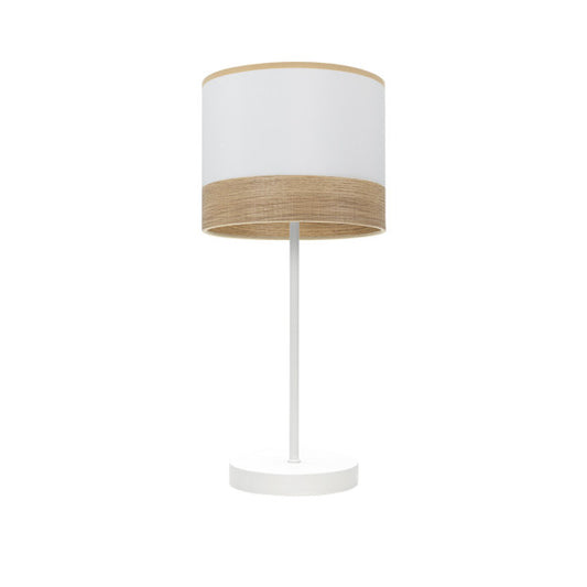 Lámpara sobremesa Olga de Abrila en blanco y madera clara, diseño minimalista y moderno con base de metal y pantalla textil para iluminación interior doméstica, referencia 190071001.