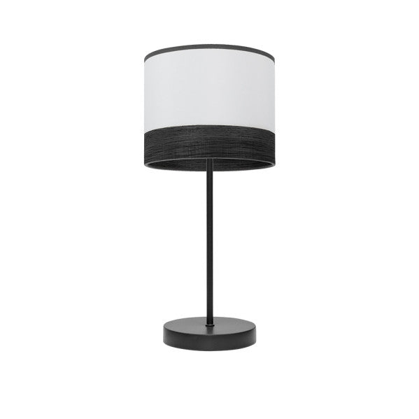 Lámpara de sobremesa Olga en negro y blanco con base de madera negra, diseño moderno de Abrila para iluminación interior difusa, ideal para decoración doméstica con estructura de metal y textil.