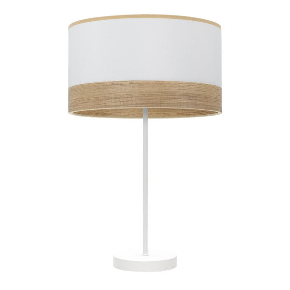 Lámpara sobremesa Olga de Abrila en blanco y madera clara, diseño moderno con luz difusa para iluminación hogar y decoración interior doméstica, modelo 190071101 con textil y metal.