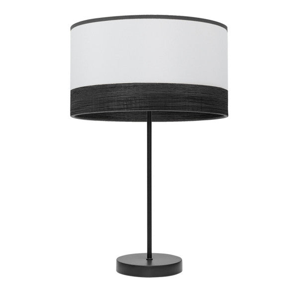 Lámpara de sobremesa Alto Olga en negro, blanco y madera de Abrila (modelo 190071109), diseño minimalista y rústico con base de metal textil para iluminación interior en hogar moderno.
