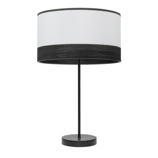 Lámpara de sobremesa Alto Olga en negro, blanco y madera de Abrila (modelo 190071109), diseño minimalista y rústico con base de metal textil para iluminación interior en hogar moderno.