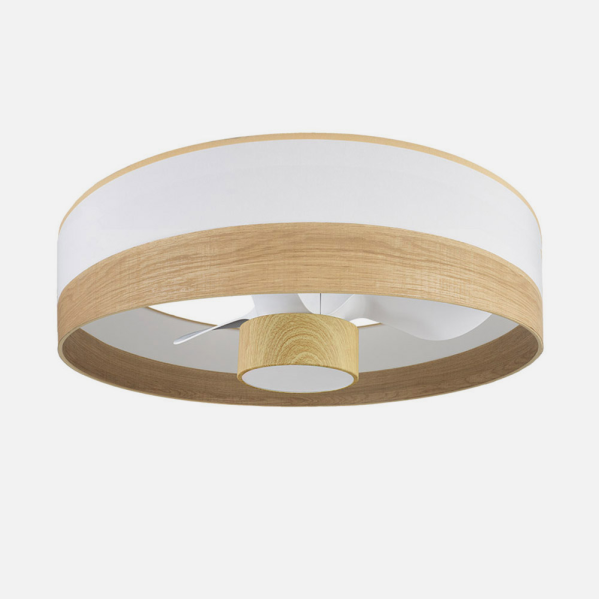 Ventilador de techo Olga de Abrila en blanco/madera claro, modelo 190091785. Diseño elegante de color blanco/madera claro, ideal para interiores domésticos. Equipado con un motor DC eficiente y 6 velocidades ajustables. Incluye luz LED integrada con intensidad regulable para un ambiente perfecto más allá de la ventilación.