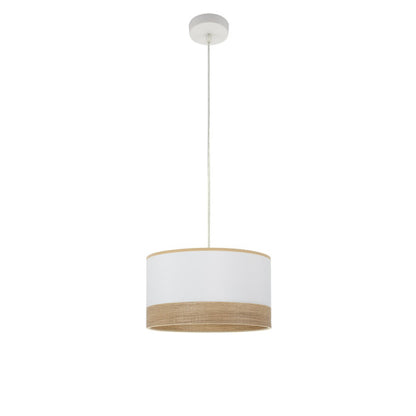 Colgante Olga moderno de Abrila en blanco y madera clara, lámpara colgante 1xE27 con luz difusa para iluminación interior doméstica, diseño decorativo de metal y textil, referencia 190093001.