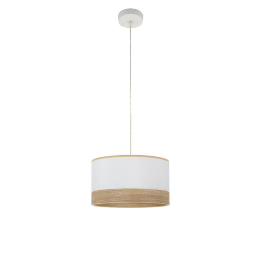 Colgante Olga moderno de Abrila en blanco y madera clara, lámpara colgante 1xE27 con luz difusa para iluminación interior doméstica, diseño decorativo de metal y textil, referencia 190093001.