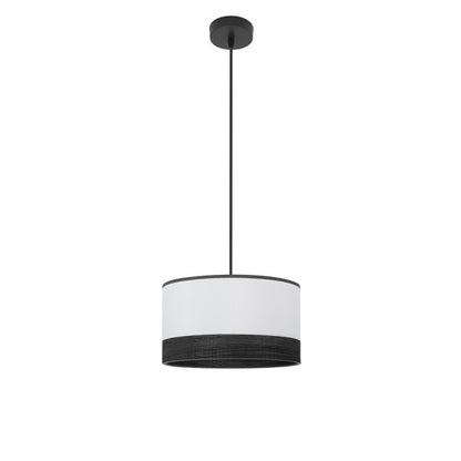 Colgante Olga en negro y blanco con madera negra de 30x30 cm, lámpara colgante moderna Abrila con bombilla E27, iluminación interior decorativa en metal y textil para hogar.