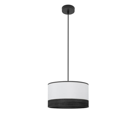 Colgante Olga en negro y blanco con madera negra de 30x30 cm, lámpara colgante moderna Abrila con bombilla E27, iluminación interior decorativa en metal y textil para hogar.