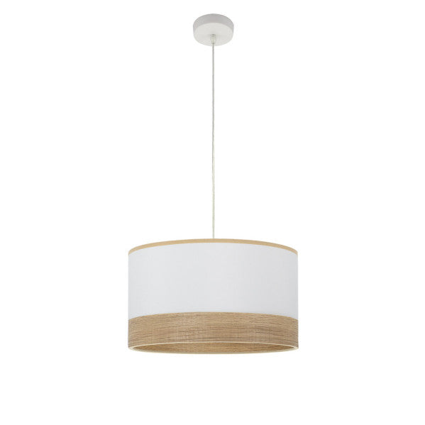 Colgante Olga en blanco y madera clara de 40x40 cm de Abrila, lámpara colgante moderna de metal y textil con iluminación difusa para decoración interior doméstica, referencia 190094001.