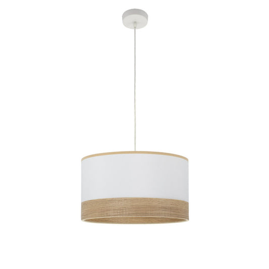Colgante Olga en blanco y madera clara de 40x40 cm de Abrila, lámpara colgante moderna de metal y textil con iluminación difusa para decoración interior doméstica, referencia 190094001.