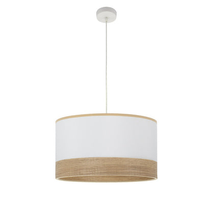 Colgante Olga Blanco/Madera Clara 50x50 cm de Abrila, lámpara colgante moderna de metal y textil con diseño interior minimalista para iluminación doméstica y decoración contemporánea.