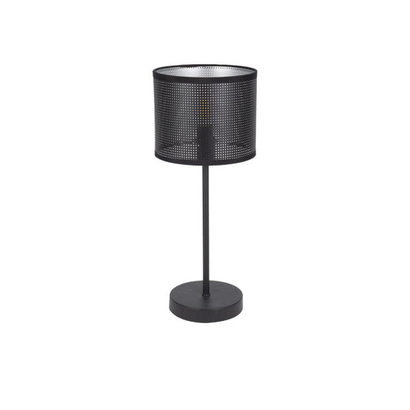 Lámpara sobremesa Anastasia en negro y plata de Abrila, diseño moderno industrial con luz difusa, dimensiones 42,5x17x17 cm, ideal para decoración interior doméstica en metal y textil.