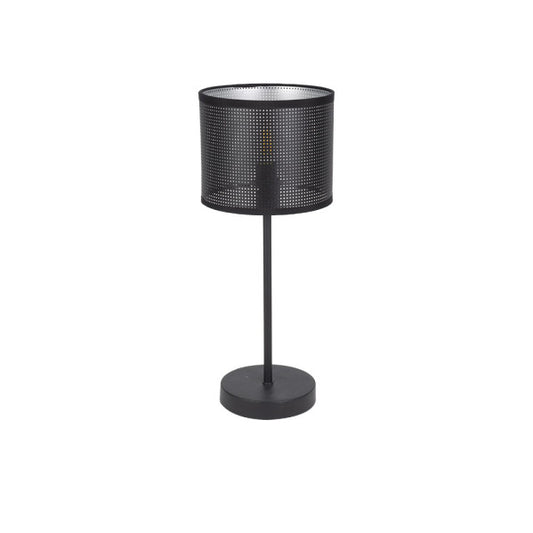 Lámpara sobremesa Anastasia en negro y plata de Abrila, diseño moderno industrial con luz difusa, dimensiones 42,5x17x17 cm, ideal para decoración interior doméstica en metal y textil.