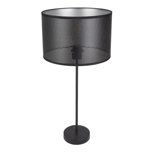 Lámpara de sobremesa alto Anastasia en negro y plata de Abrila (190171109), diseño industrial moderno con luz difusa, base metálica textil para decoración interior elegante, iluminación AI2 estilo contemporáneo.